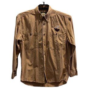 Cabelas Mens Medium Regular Tan Button-Up Shirt With Embroidered Elk Pocket